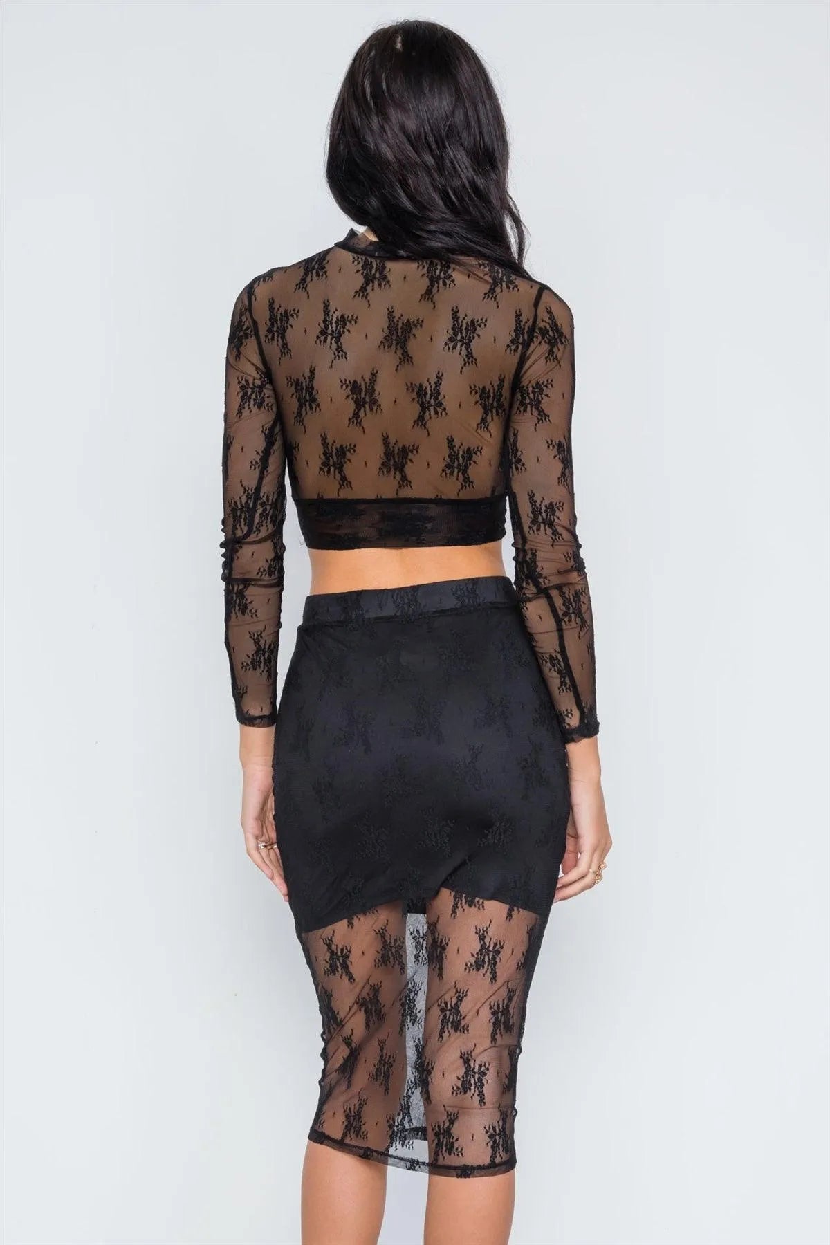 Black Foral Lace High Waist Stretchy Midi Skirt /2-1 - Tasha Apparel Wholesale