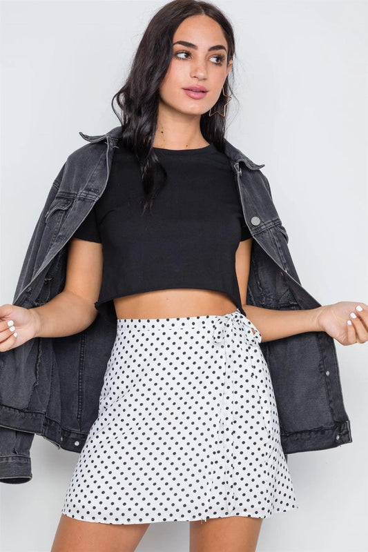White Black Polka Dot Wrap Mini Skirt /3-2-1 - Tasha Apparel Wholesale