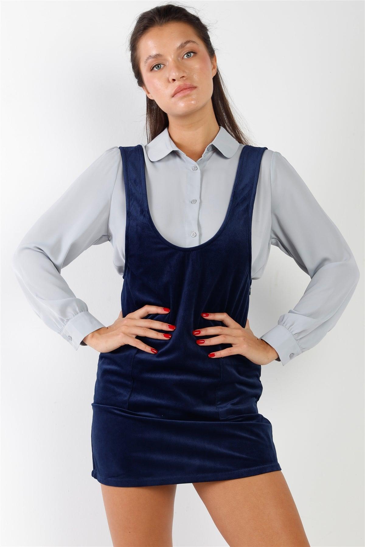 Indigo Blue Corduroy Sleeveless Overall Mini Dress With Pockets /2-1-1