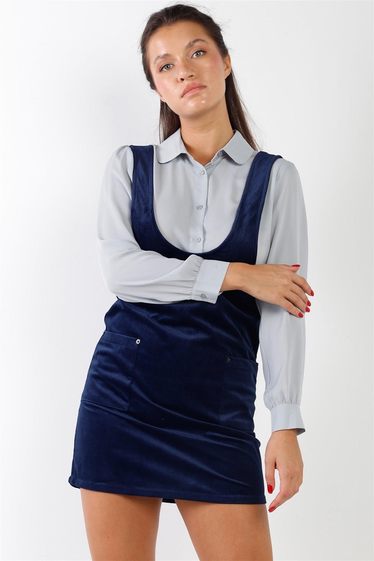Indigo Blue Corduroy Sleeveless Overall Mini Dress With Pockets /3-2-1