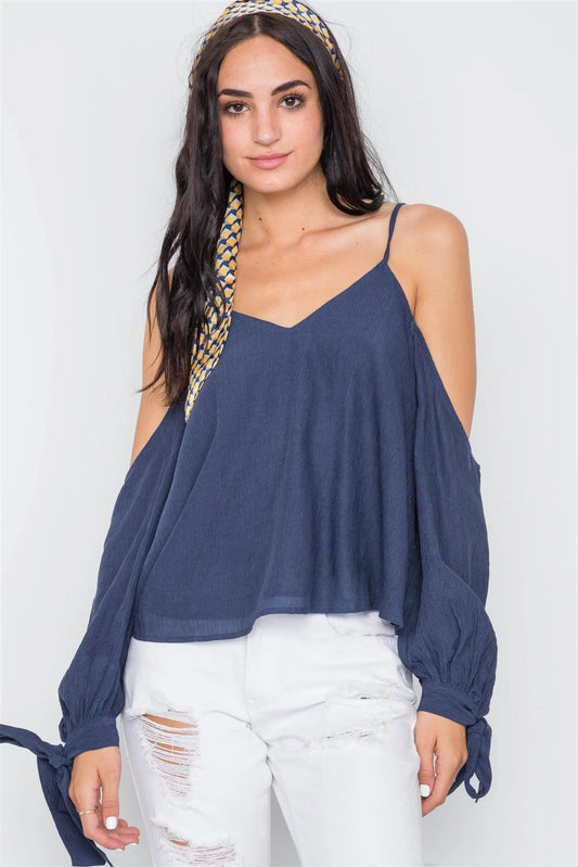 Denim Blue Cold Shoulder Cami Top /1-2-2-2-1 - Tasha Apparel Wholesale