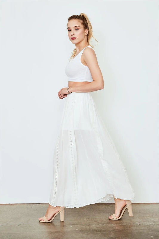 Off White Floral Lace Crochet Trim Maxi Skirt /2-3-2 - Tasha Apparel Wholesale