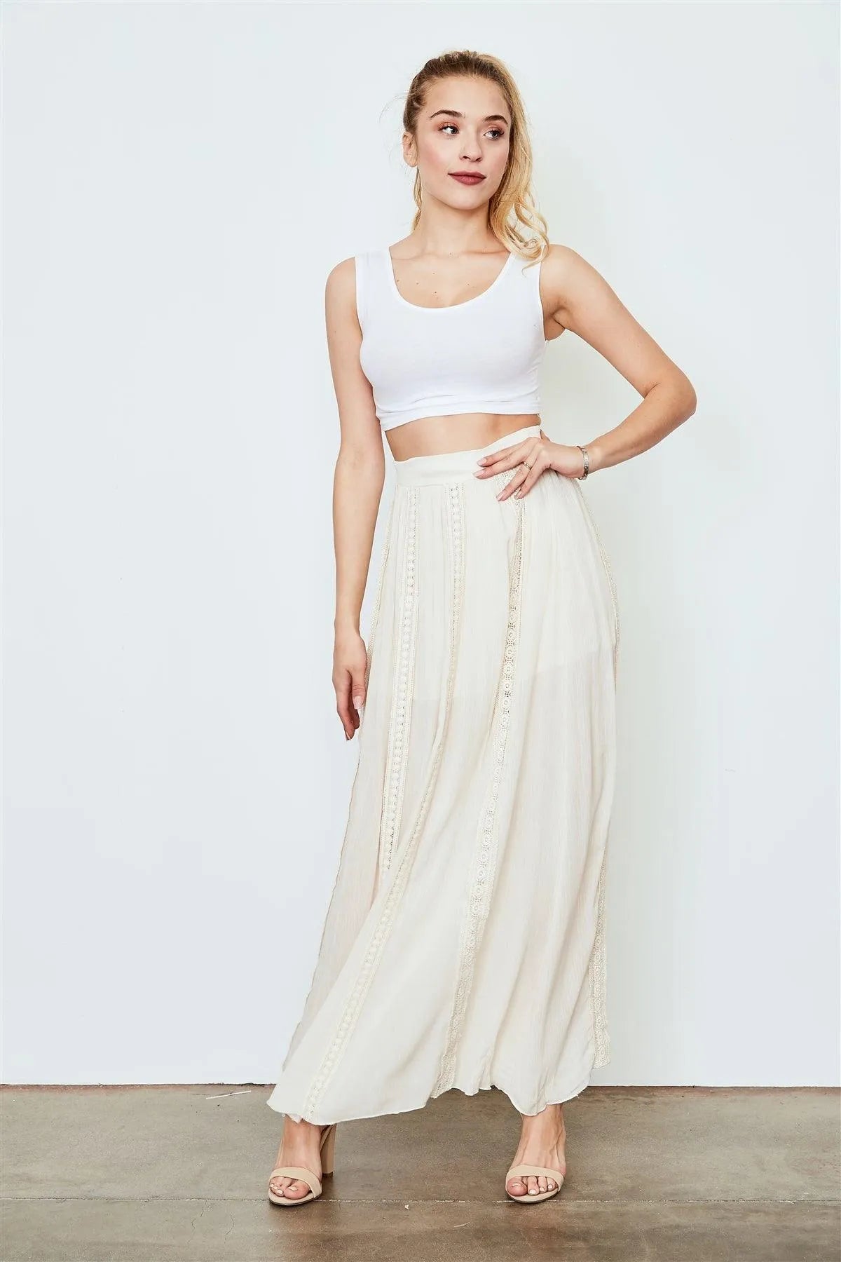 Taupe Lace Crochet Trim Maxi Skirt /1-2-2-1 - Tasha Apparel Wholesale