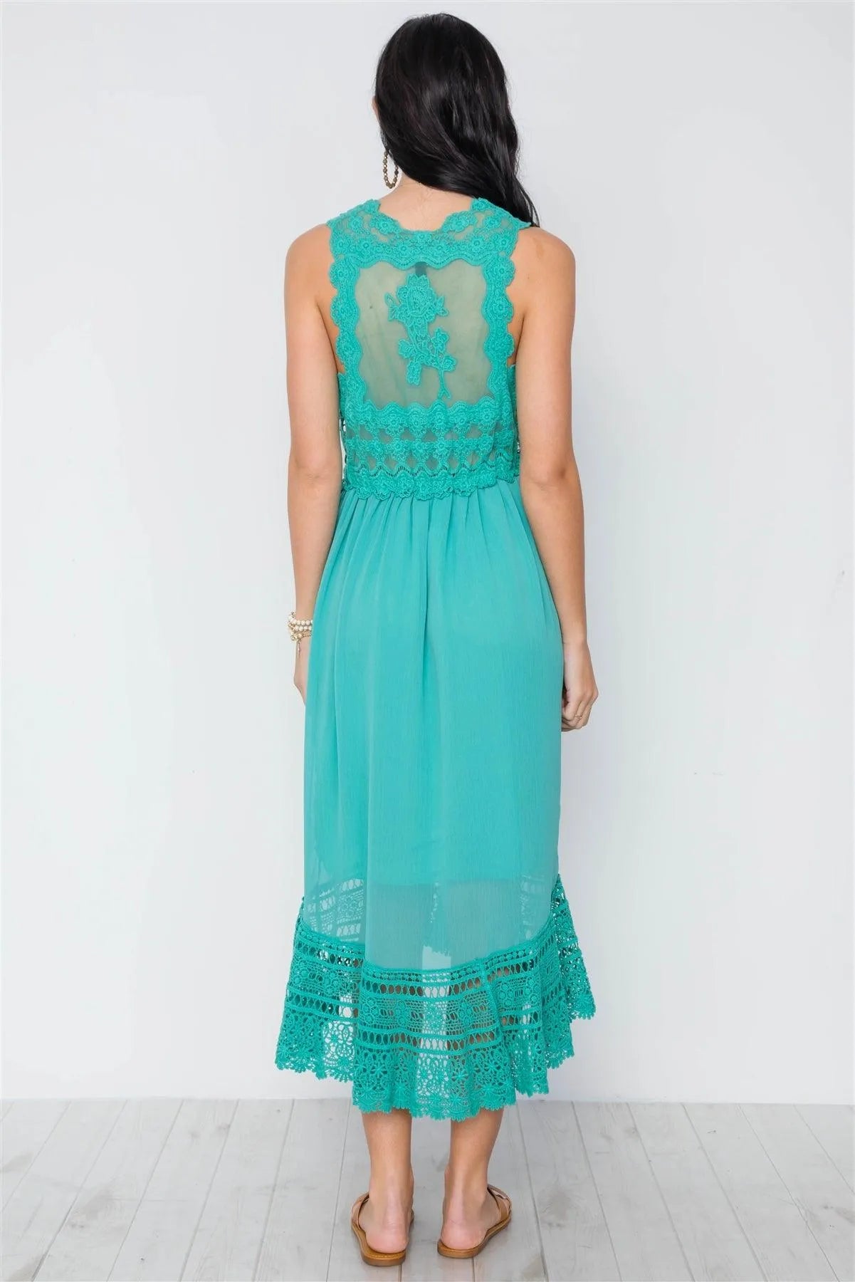 Boho Sage Crochet Trim Hi-Low Hem Dress /3-2-1 - Tasha Apparel Wholesale