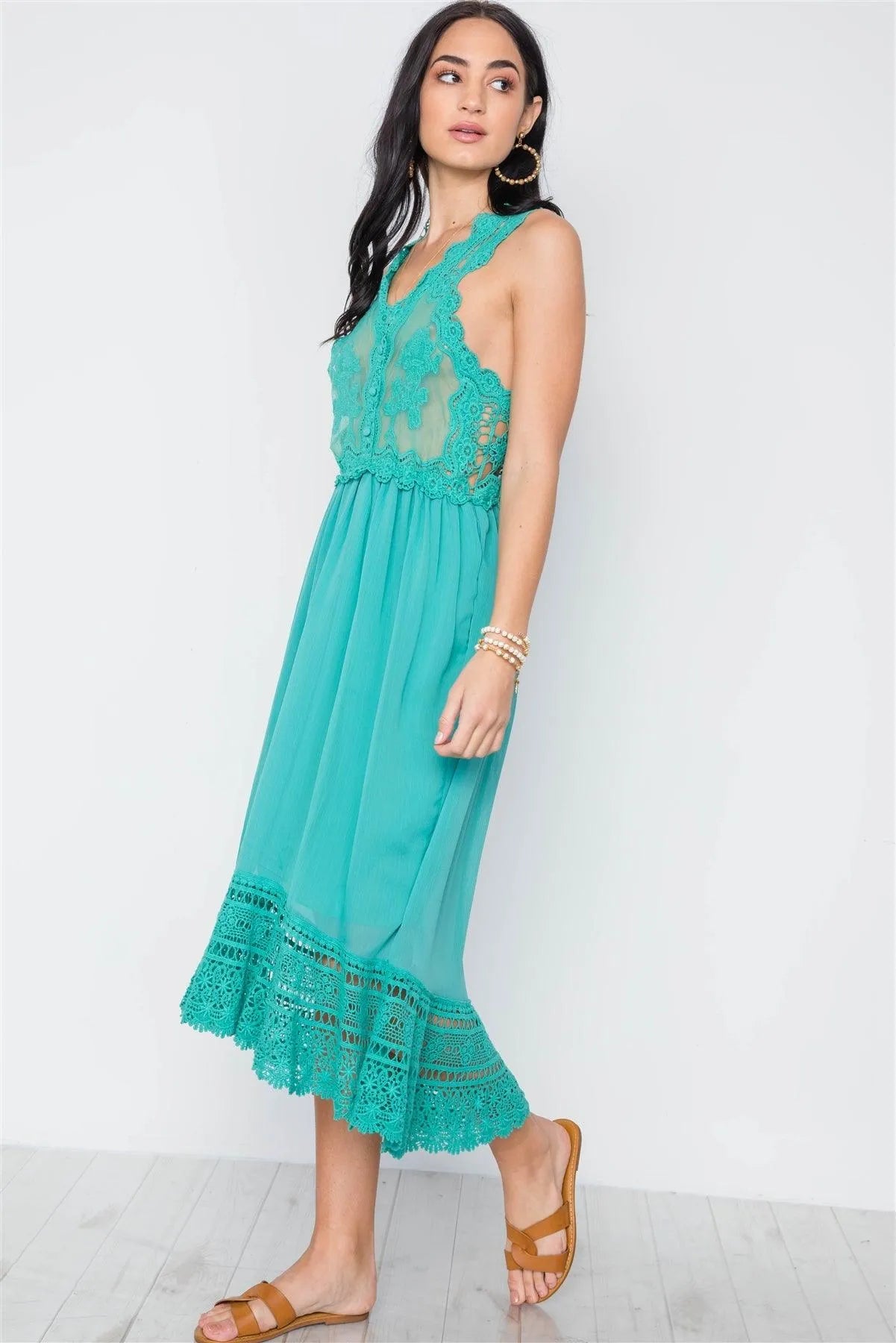 Boho Sage Crochet Trim Hi-Low Hem Dress /3-2-1 - Tasha Apparel Wholesale
