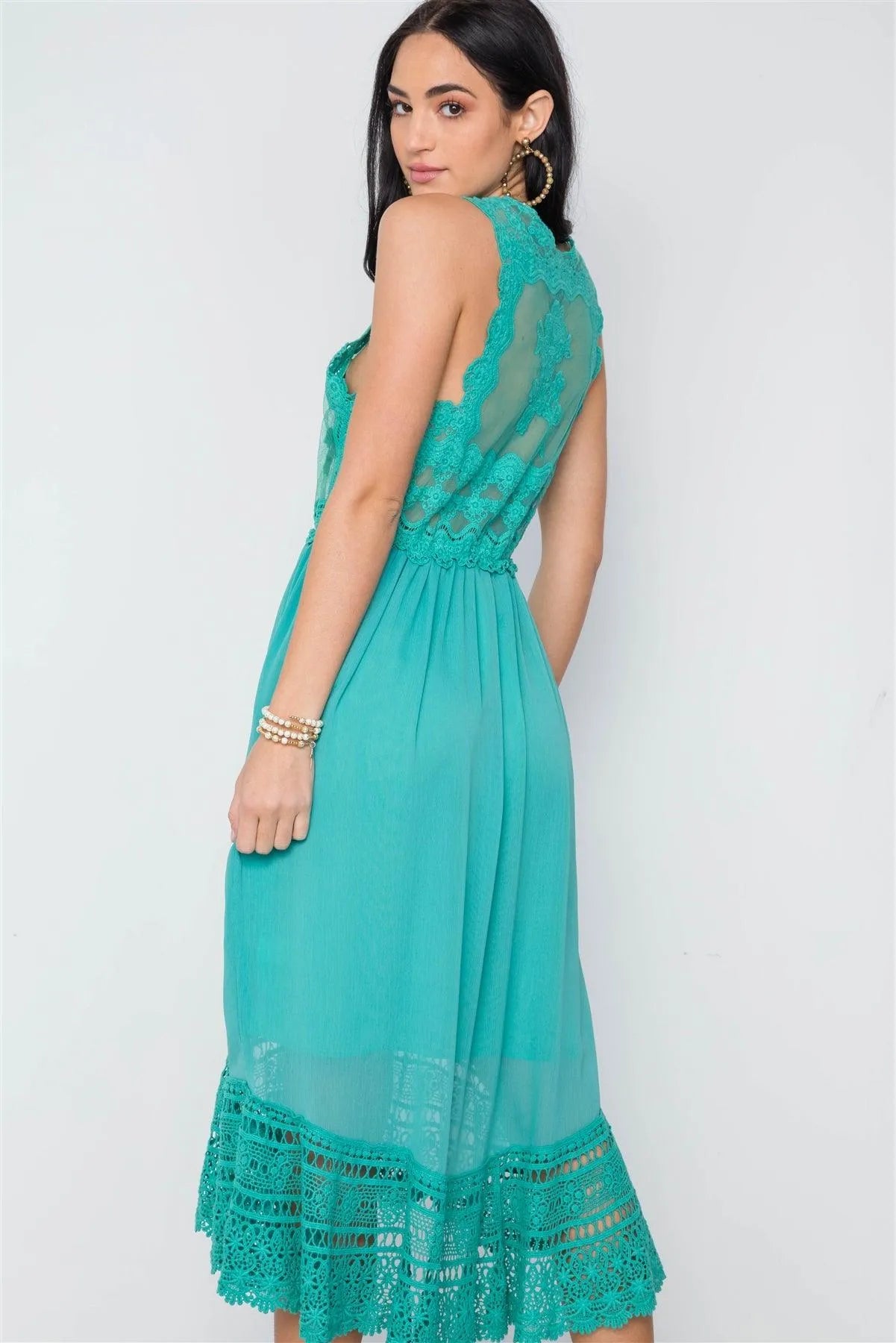 Boho Sage Crochet Trim Hi-Low Hem Dress /3-2-1 - Tasha Apparel Wholesale