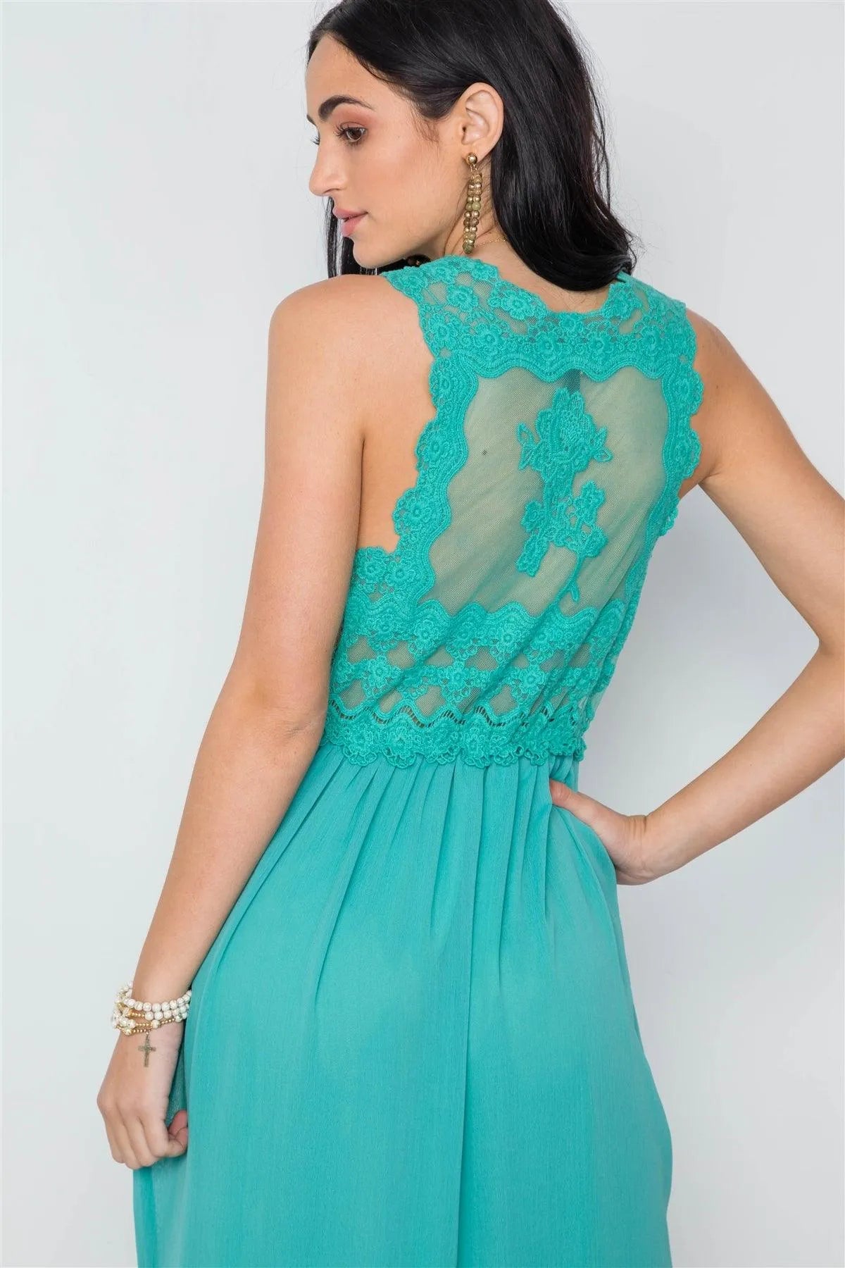 Boho Sage Crochet Trim Hi-Low Hem Dress /3-2-1 - Tasha Apparel Wholesale