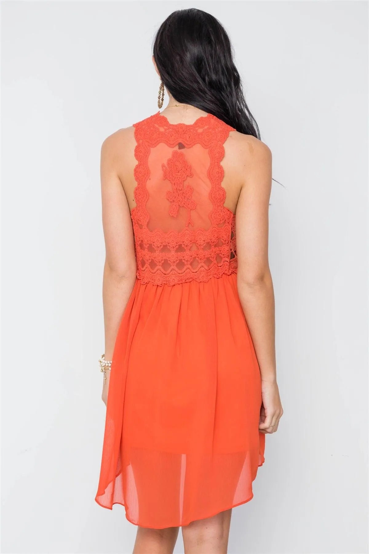Boho Orange Crochet Trim Hi-Low Hem Dress /3-2-1 - Tasha Apparel Wholesale