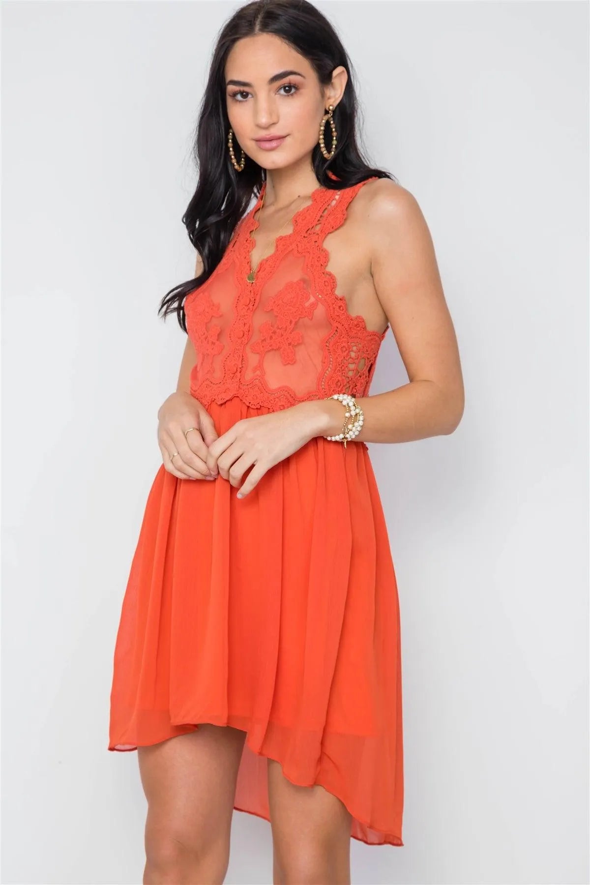 Boho Orange Crochet Trim Hi-Low Hem Dress /3-2-1 - Tasha Apparel Wholesale