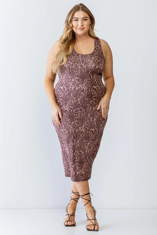Junior Plus Brown Leopard Print Sleeveless Midi Dress /1-1-1 - Tasha Apparel Wholesale