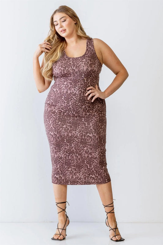 Junior Plus Brown Leopard Print Sleeveless Midi Dress /2-2-2 - Tasha Apparel Wholesale