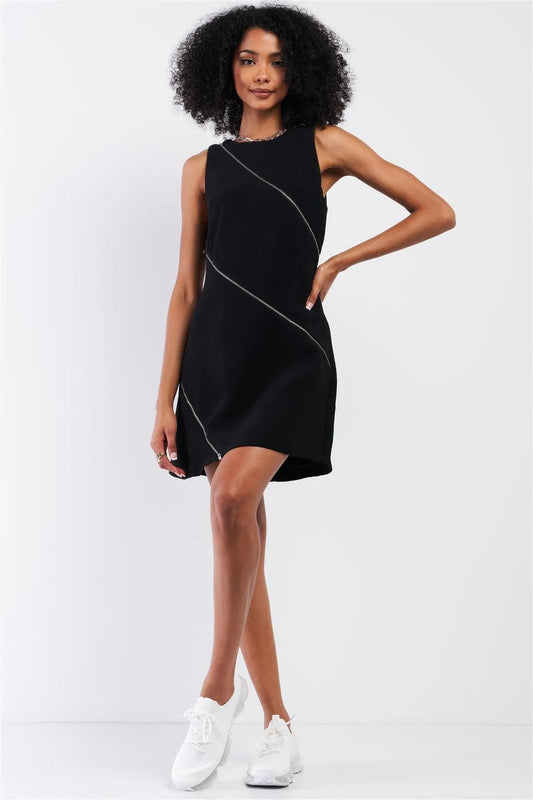 Black Sleeveless Crew Neck Cross Zipper Front Detail Mini Dress /1-2-2 - Tasha Apparel Wholesale