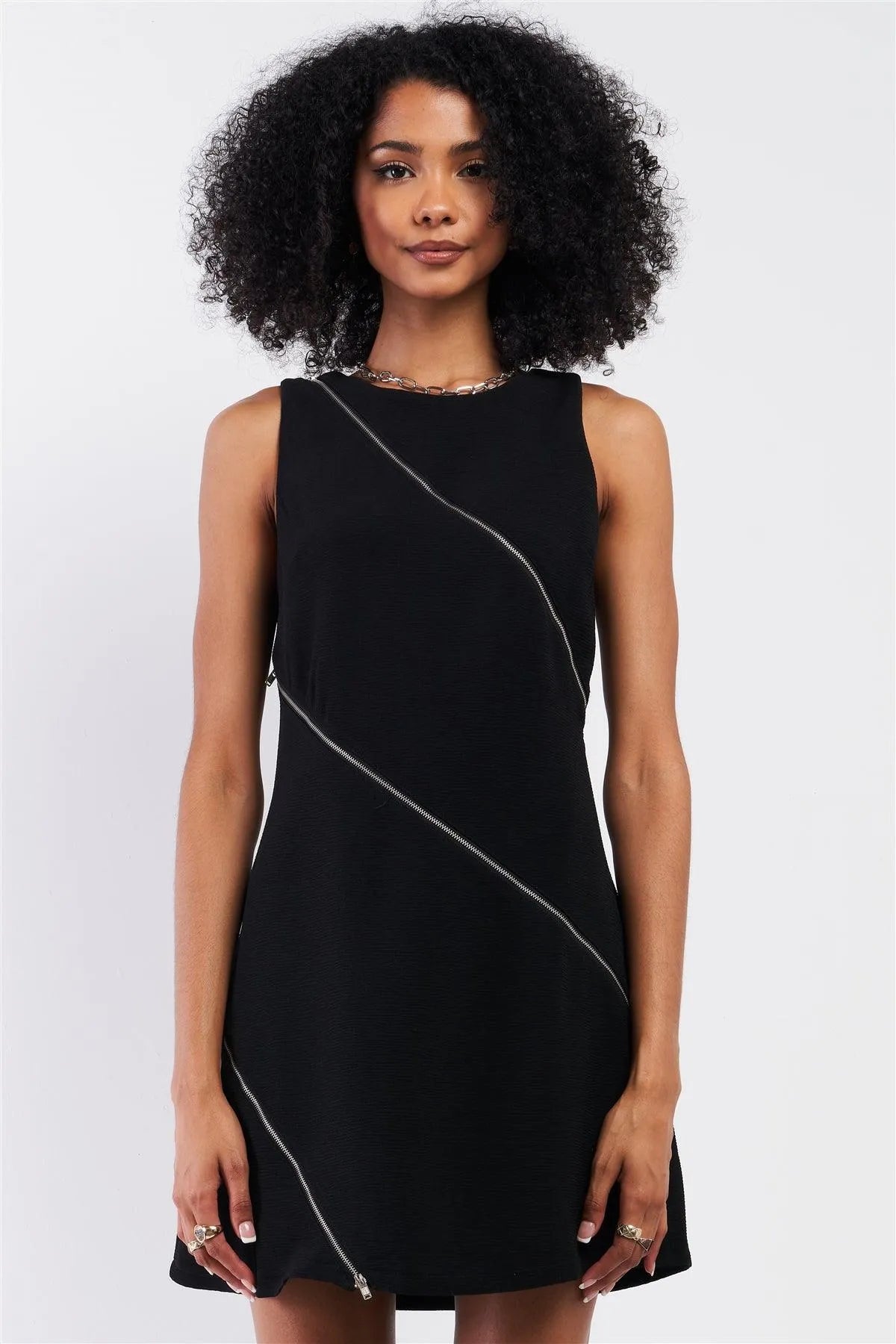 Black Sleeveless Crew Neck Cross Zipper Front Detail Mini Dress /1-2-1-2 - Tasha Apparel Wholesale