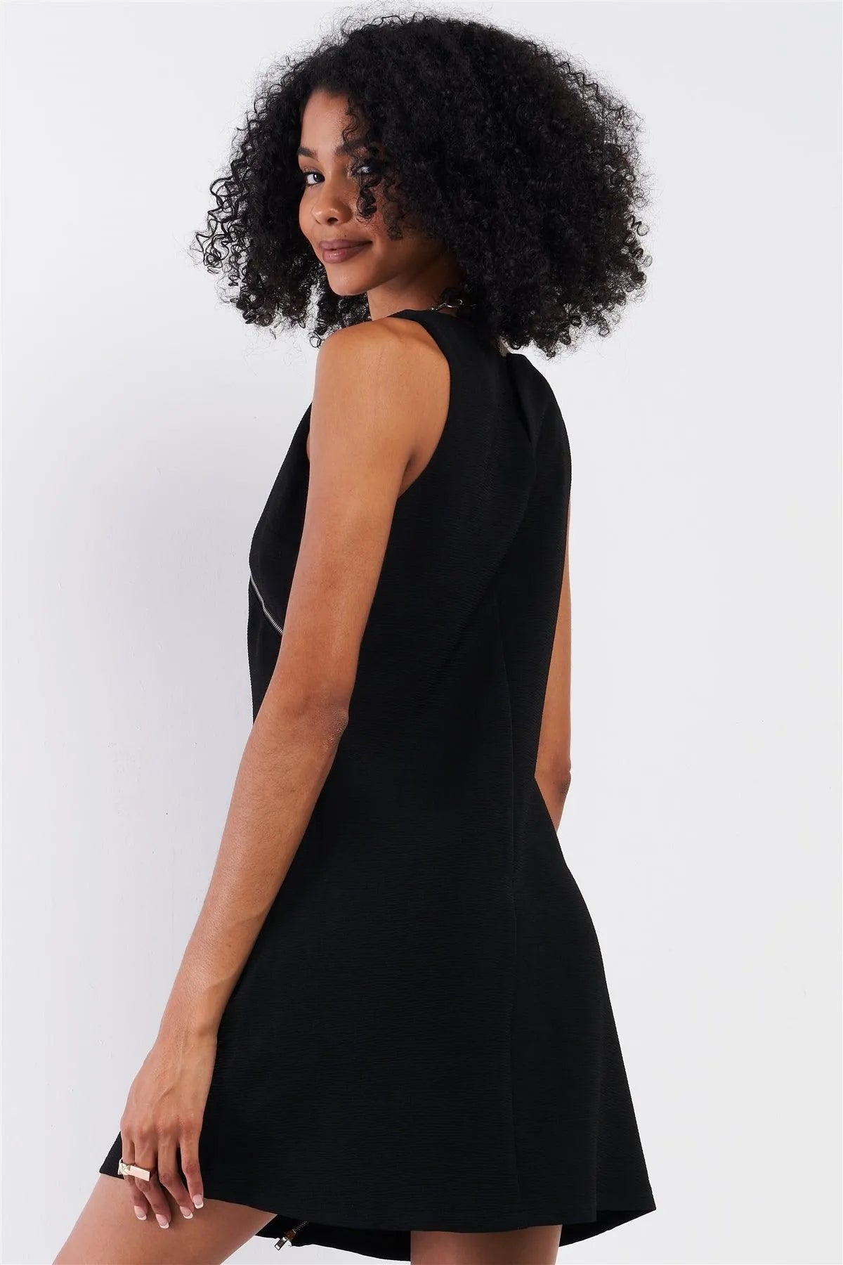 Black Sleeveless Crew Neck Cross Zipper Front Detail Mini Dress /1-2-1-2 - Tasha Apparel Wholesale