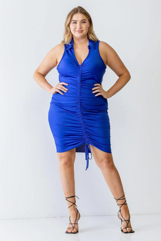 Junior Plus Blue Elasticized Ruched Collared Neck Midi Dress /2-2-2 - Tasha Apparel Wholesale