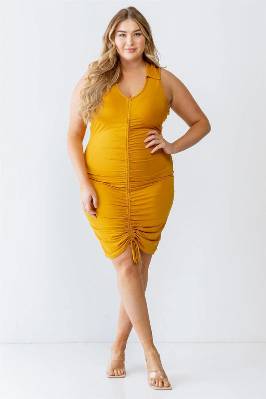 Junior Plus Mustard Elasticized Ruched Collared Neck Mini Dress /3-2-2 - Tasha Apparel Wholesale