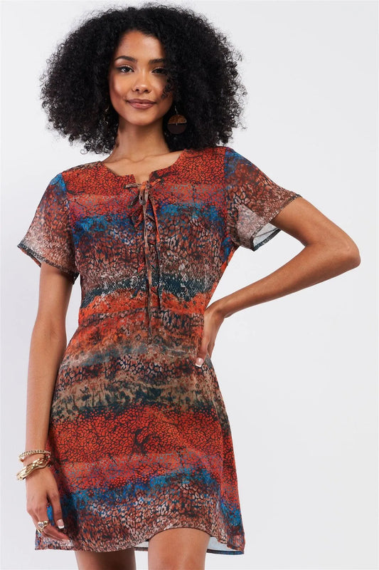 Multicolor Burnt Effect Lace-Up Chest Detail Relaxed Mini Dress /1-2-2-1 - Tasha Apparel Wholesale