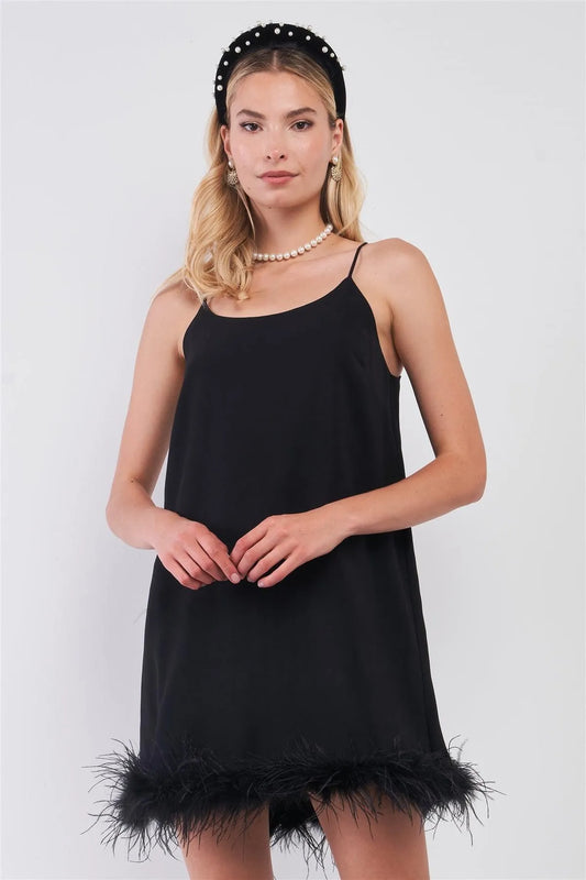 Black Vintage Sleeveless Round Neck Faux Ostrich Feathers Hem Trim Babydoll Mini Dress - Tasha Apparel Wholesale
