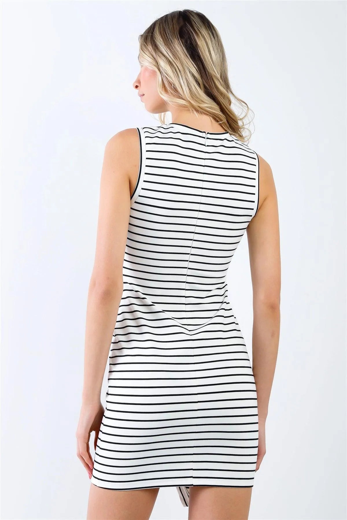 White & Black Striped Sleeveless Asymmetrical Hem Crew Neck Fitted Mini Dress /1-2-2-1 - Tasha Apparel Wholesale
