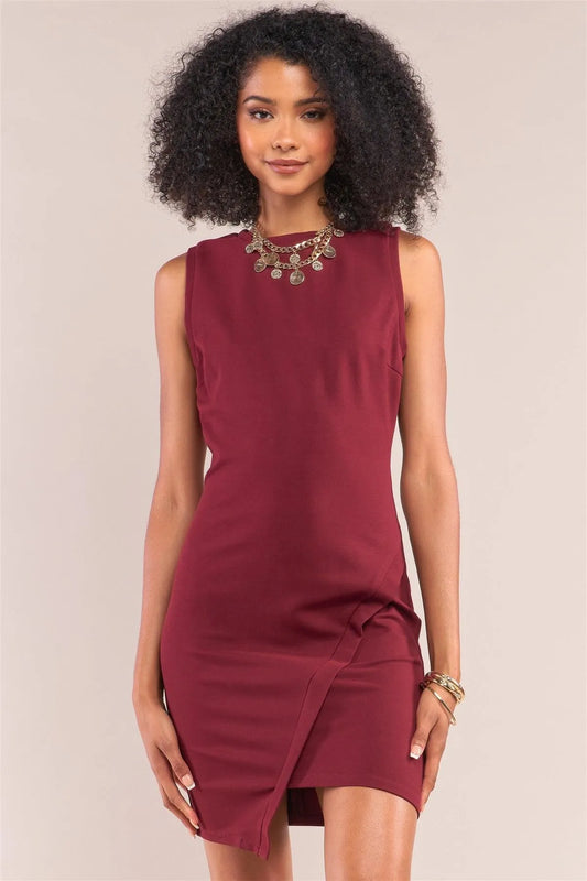 Wine Red Sleeveless Asymmetrical Hem Crew Neck Fitted Mini Dress /1-2-2-1 - Tasha Apparel Wholesale