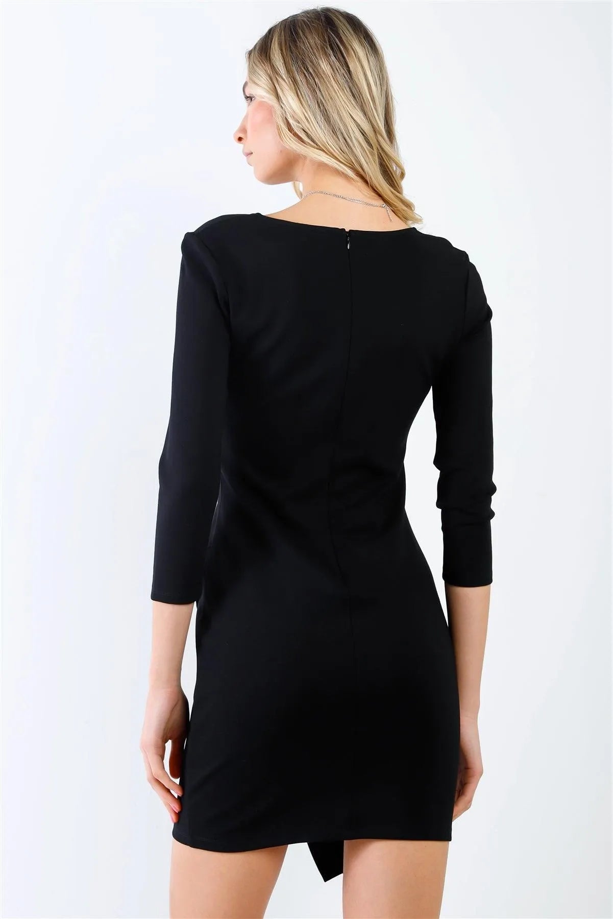 Black Midi Sleeve Asymmetrical Hem V-Neck Fitted Mini Dress /1-2-2-1 - Tasha Apparel Wholesale