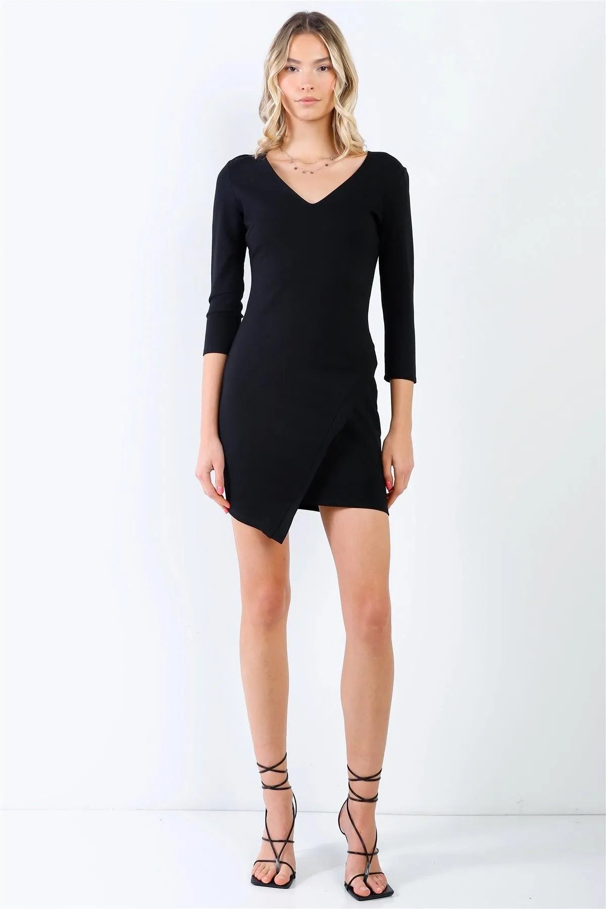 Black Midi Sleeve Asymmetrical Hem V-Neck Fitted Mini Dress /1-2-2-1 - Tasha Apparel Wholesale