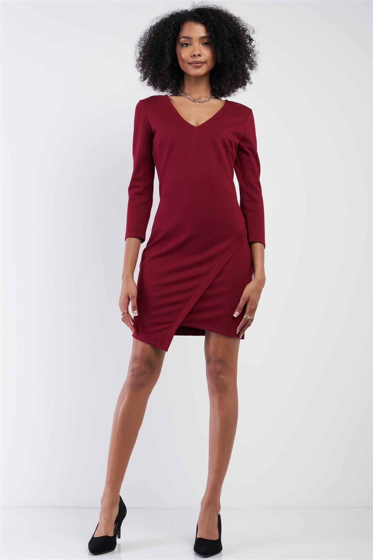Burgundy Red Midi Sleeve Asymmetrical Hem V-Neck Neck Fitted Mini Dress /1-3-3