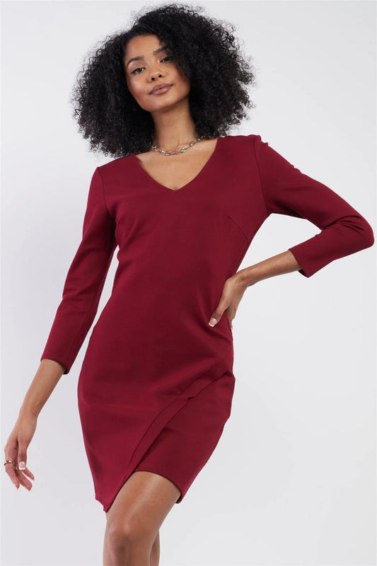 Burgundy Red Midi Sleeve Asymmetrical Hem V-Neck Neck Fitted Mini Dress /2-2-2 - Tasha Apparel Wholesale