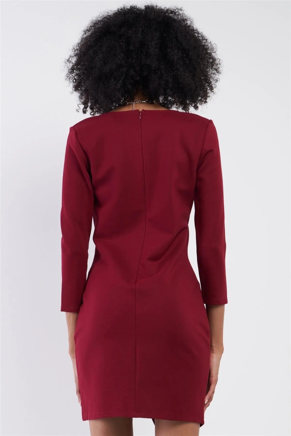 Burgundy Red Midi Sleeve Asymmetrical Hem V-Neck Neck Fitted Mini Dress /1-2-3-1 - Tasha Apparel Wholesale