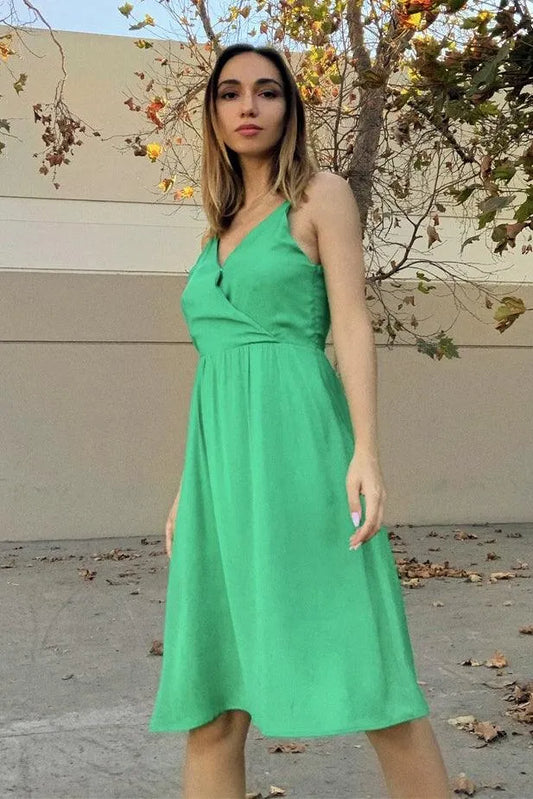 Green Sleeveless V-Neck Open Back Cut Out Midi Dress - Tasha Apparel Wholesale