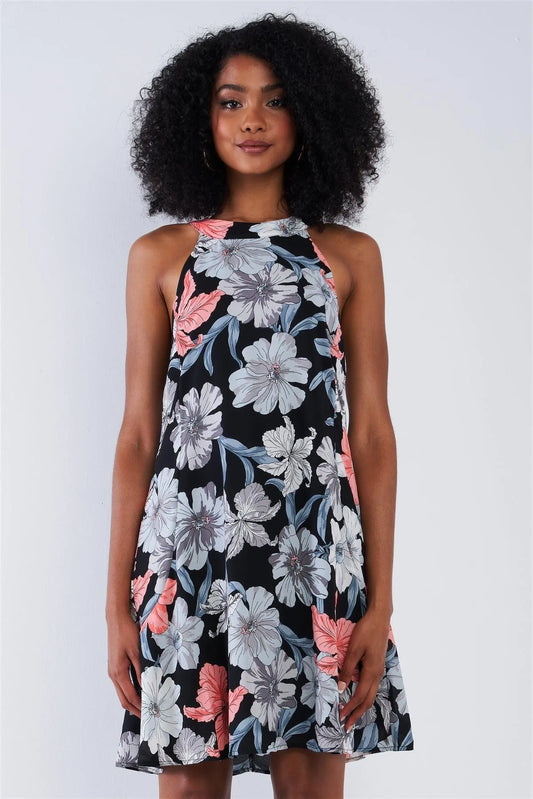 Black Multi Color Floral Print Round Neck Sleeveless Loose Fit Lined Mini Dress /2-2-1-1 - Tasha Apparel Wholesale