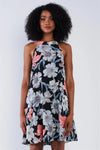 Black Multi Color Floral Print Round Neck Sleeveless Loose Fit Lined Mini Dress - Tasha Apparel Wholesale