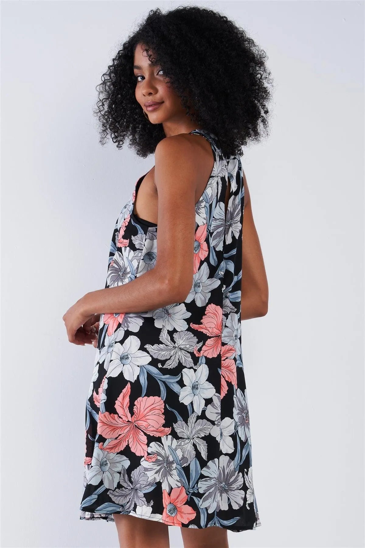 Black Multi Color Floral Print Round Neck Sleeveless Loose Fit Lined Mini Dress - Tasha Apparel Wholesale
