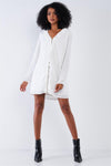 Solid White Classy Loose Fit V-Neck Ruffle Hem Long Sleeve Lined Mini Dress /1-2-2-1