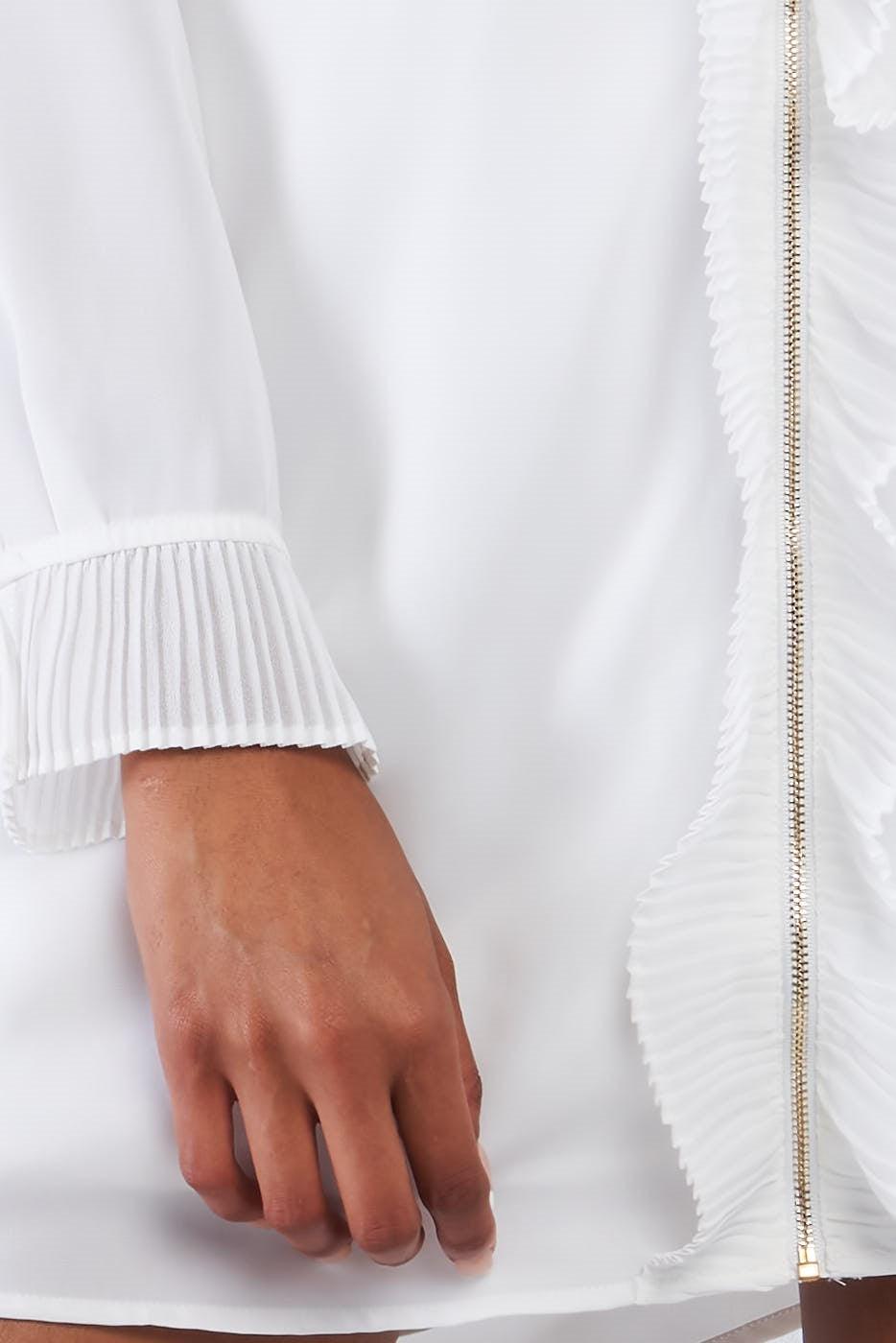 Solid White Classy Loose Fit V-Neck Ruffle Hem Long Sleeve Lined Mini Dress /1-2-2-1