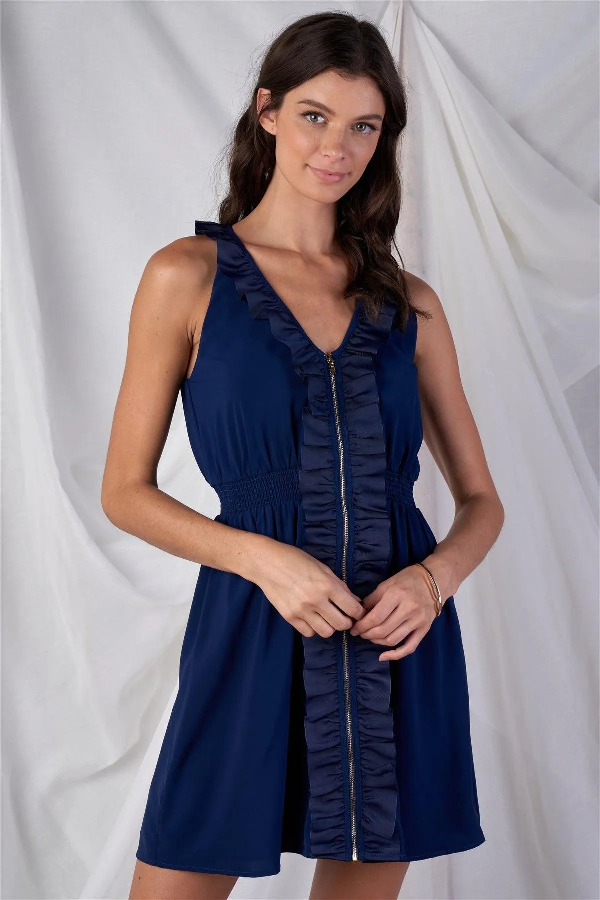 Navy Blue V-Neck Sleeveless Relaxed Fit Frill Front Zipper Hem Mini Dress /1-2-2-1 - Tasha Apparel Wholesale