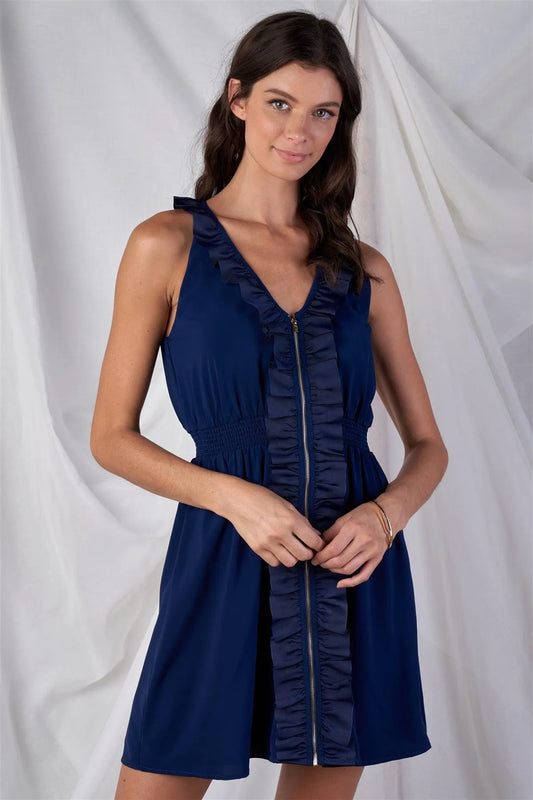 Navy Blue V-Neck Sleeveless Relaxed Fit Frill Front Zipper Hem Mini Dress /2-3-2 - Tasha Apparel Wholesale