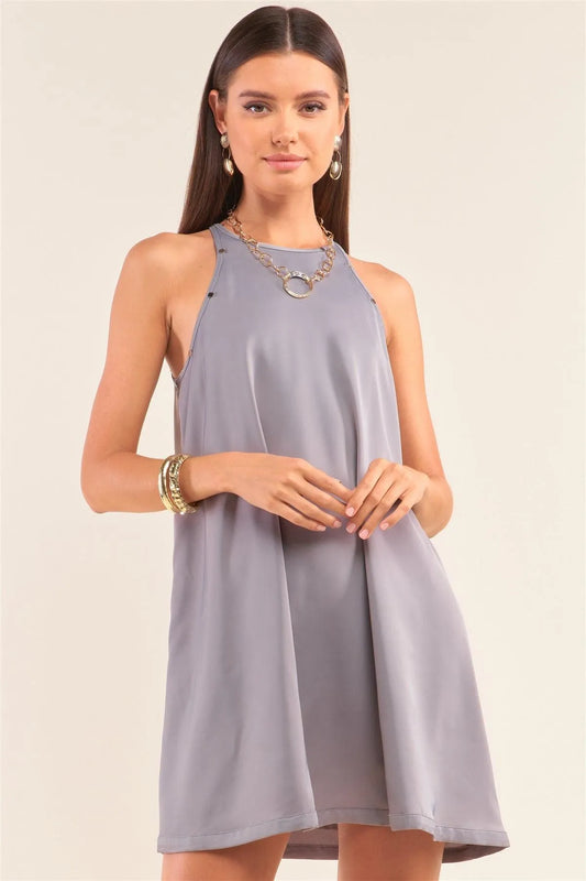 Grey Sleeveless Halter Neck Studded Detail Mini Dress /1-3-2 - Tasha Apparel Wholesale