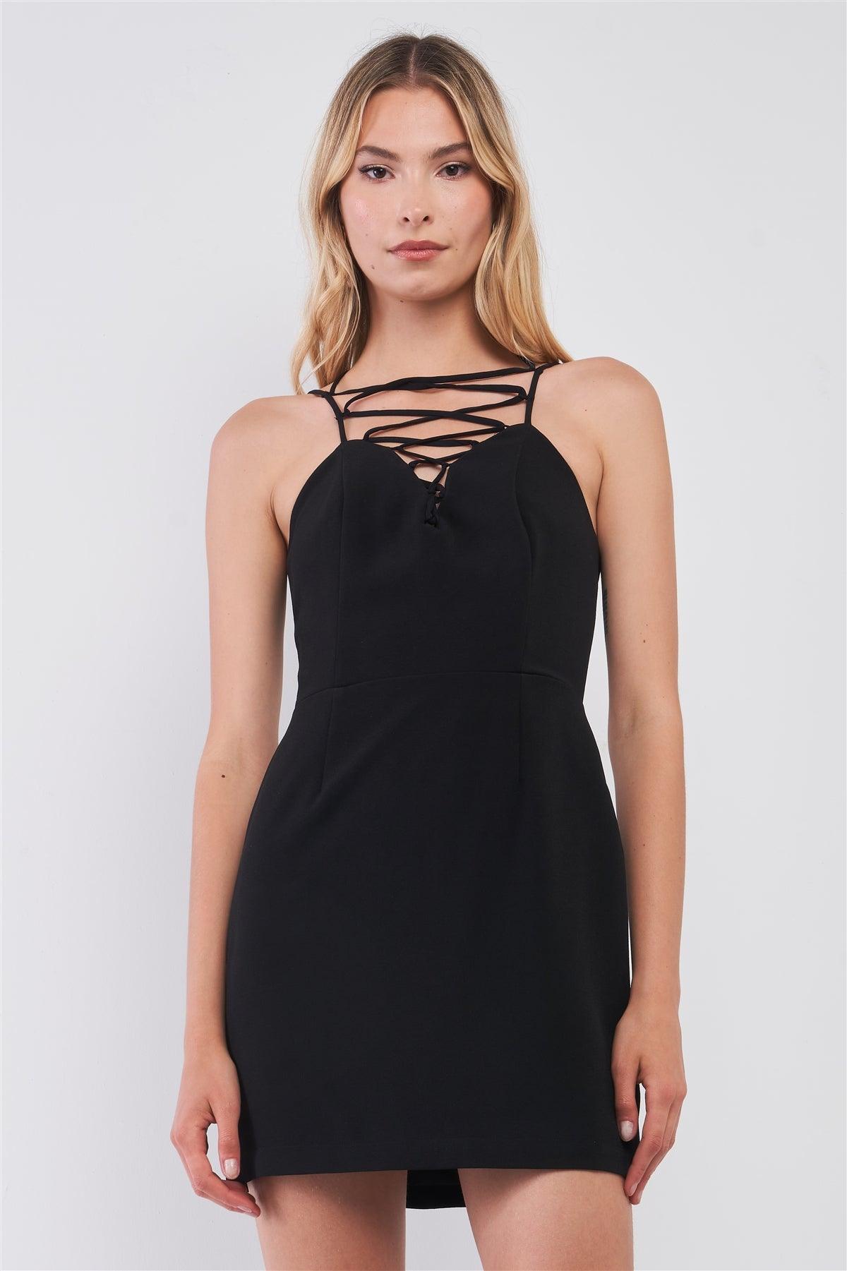 Black Slim Fit Sleeveless V-Neck Front Corset Inspired Tie-Up Detail Cocktail Mini Dress /1-2-2-1