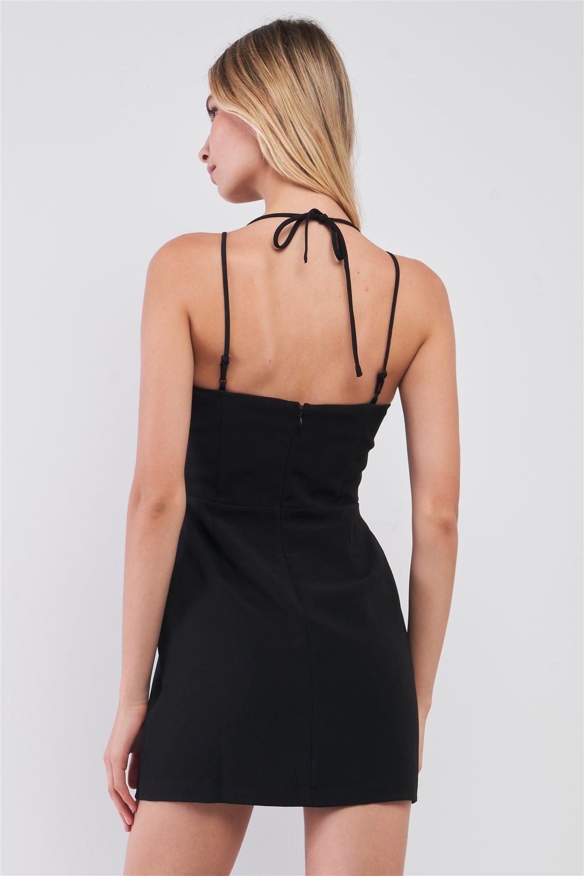 Black Slim Fit Sleeveless V-Neck Front Corset Inspired Tie-Up Detail Cocktail Mini Dress /1-2-2-1
