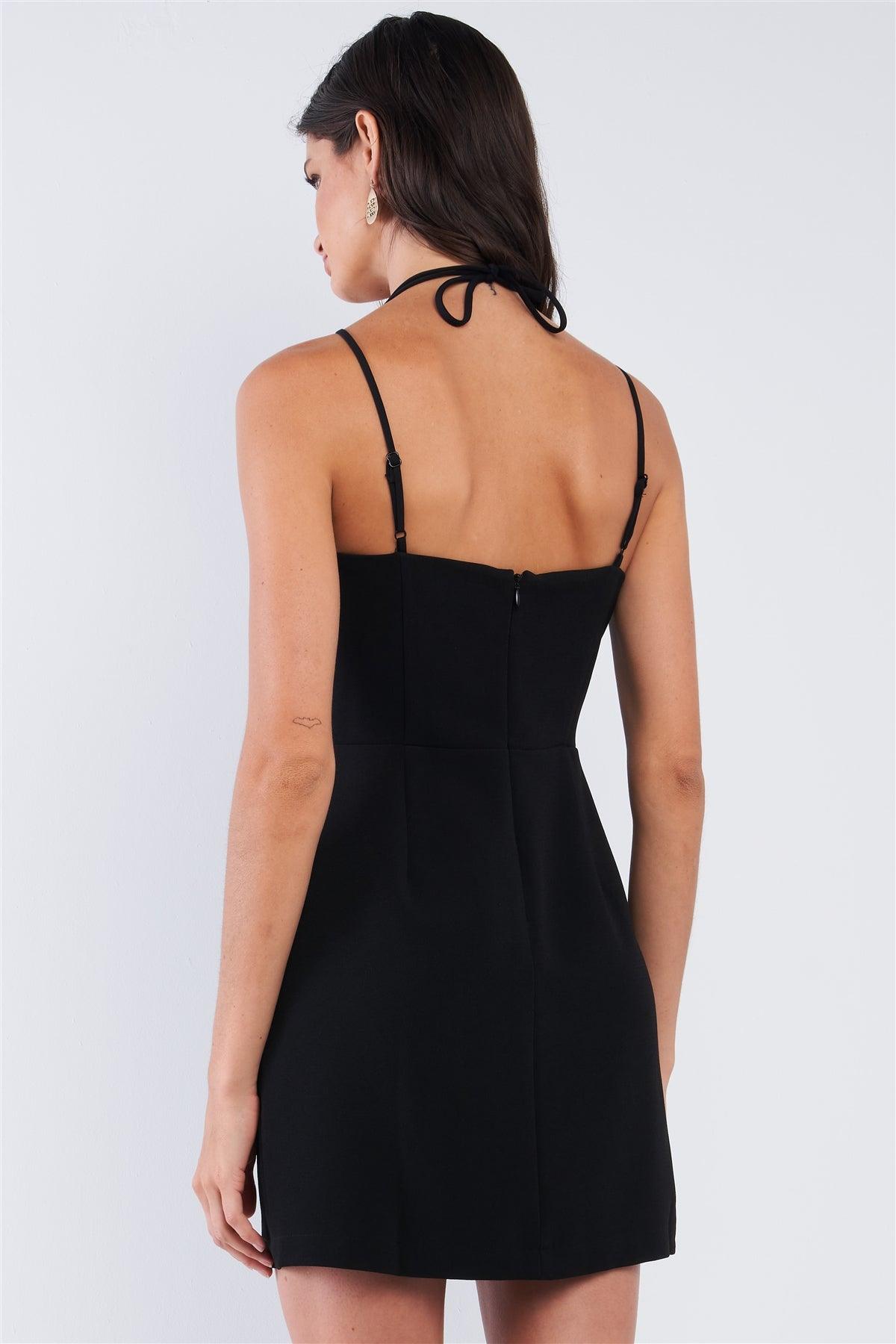 Black Slim Fit Sleeveless V-Neck Front Corset Inspired Tie-Up Detail Cocktail Mini Dress /3-3