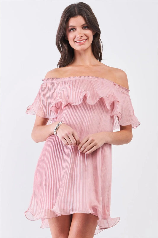 Pink Pleated Off-The-Shoulder Double Layered Frill Trim Mini Dress /1-2-2-1 - Tasha Apparel Wholesale