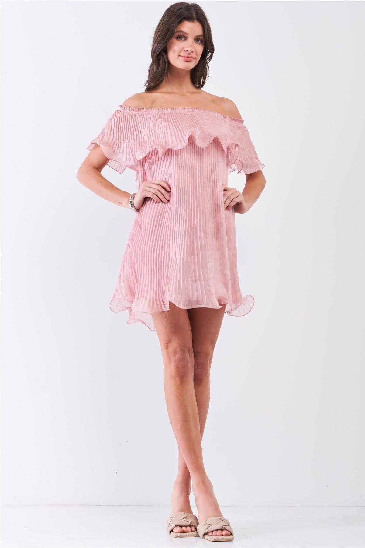 Pink Pleated Off-The-Shoulder Double Layered Frill Trim Mini Dress /1-2-2-1