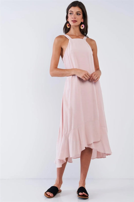 Blush Pink Sleeveless Square Neck Flow Hem Waist Self Tie Midi Dress /2-1-3 - Tasha Apparel Wholesale
