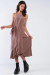 Mocha Sleeveless Square Neck Flow Hem Self Waist Tie Midi Dress - Tasha Apparel Wholesale