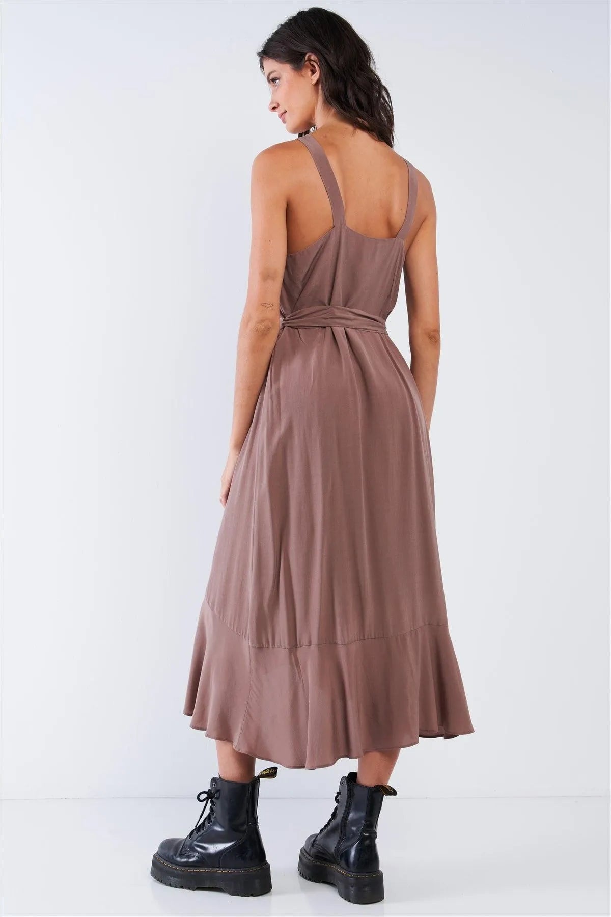 Mocha Sleeveless Square Neck Flow Hem Self Waist Tie Midi Dress - Tasha Apparel Wholesale