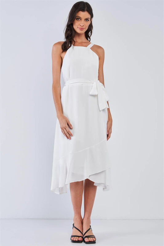 White Sleeveless Square Neck Flow Hem Waist Self Tie Midi Dress /1-2-2-1 - Tasha Apparel Wholesale