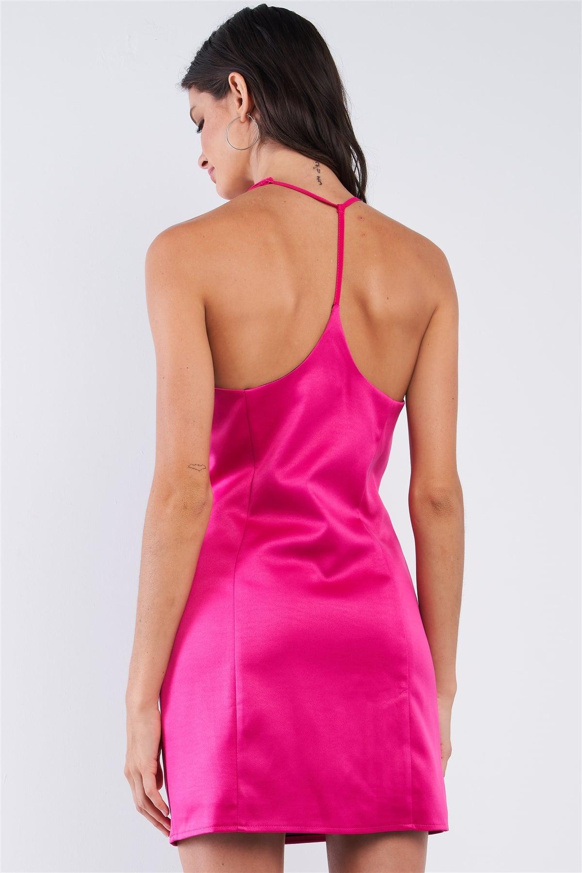 Raspberry Pink Sleeveless V-Neck T-Style Back Halter Tie Slim Fit Mini Tube Dress /1-2-2-1
