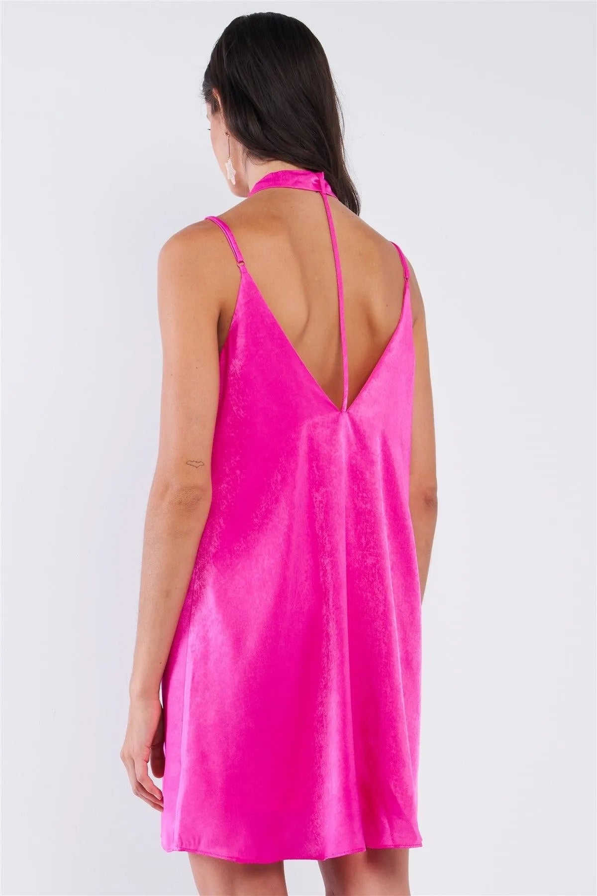 Magenta Pink Satin Relaxed Fit V-Neck Sleeveless T-Shaped Back Strap Mini Dress With Detachable Halter Tie /1-2-3-1 - Tasha Apparel Wholesale