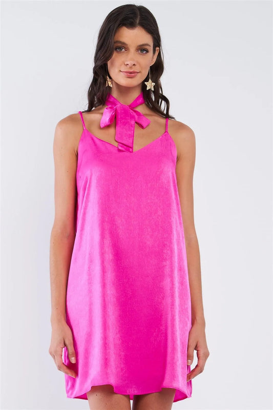 Magenta Pink Satin Relaxed Fit V-Neck Sleeveless T-Shaped Back Strap Mini Dress With Detachable Halter Tie - Tasha Apparel Wholesale